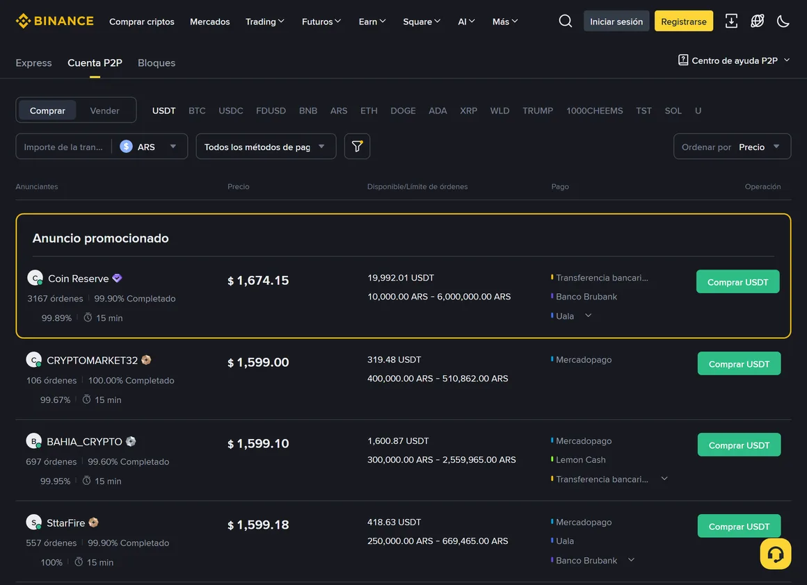 Tablero P2P de Binance para comprar USDT con pesos argentinos: cada anunciante muestra órdenes completadas, porcentaje de finalización, métodos de pago y límites