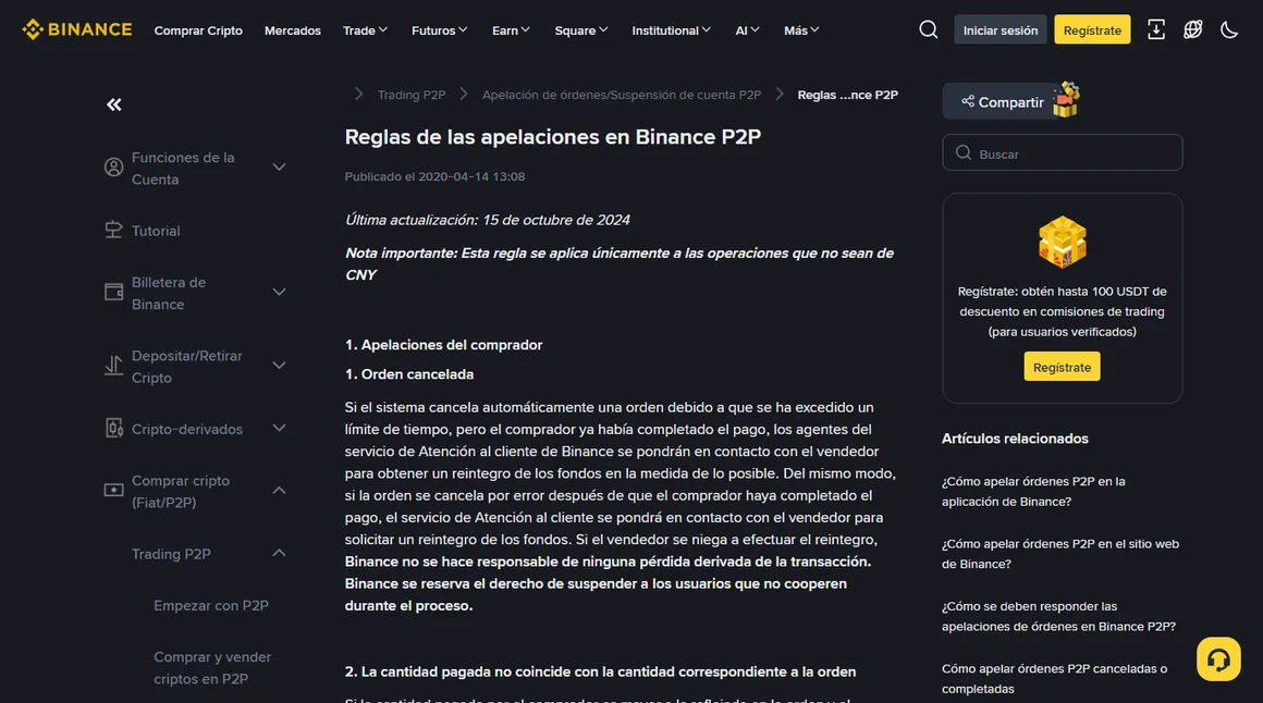 Página del centro de ayuda de Binance «Reglas de las apelaciones en Binance P2P»: debajo del título figura la última actualización del 15 de octubre de 2024 y la nota de que la regla se aplica solo a operaciones que no sean de CNY; más abajo empieza el apartado Apelaciones del comprador con el punto Orden cancelada